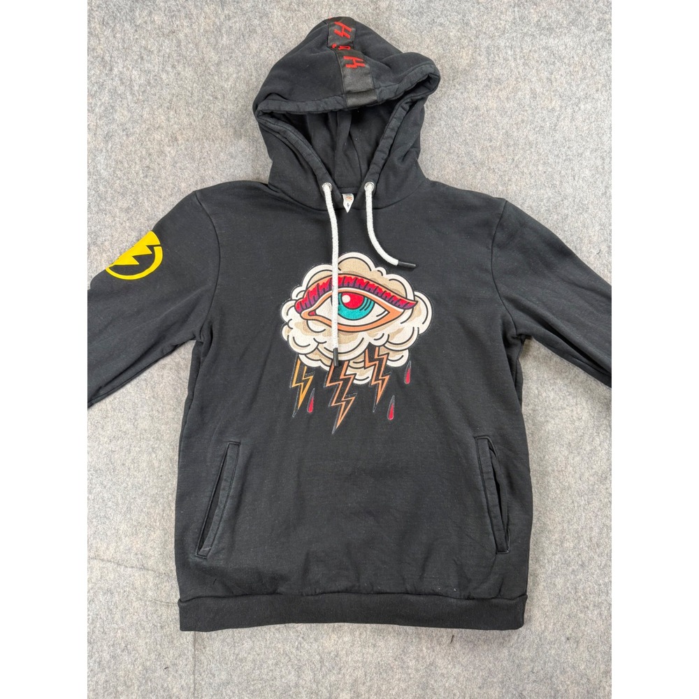 Loop Hoodie Mens Medium Black Cotton High Voltage Eye Streetwear Y2K Hoody
